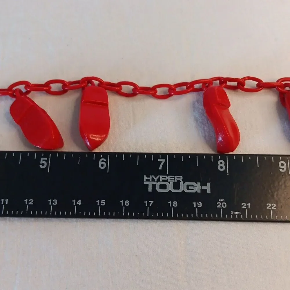 1930s-1940s Red Celluloid Clog Necklace Choker Plastic Whimsical 15in Red Shoes